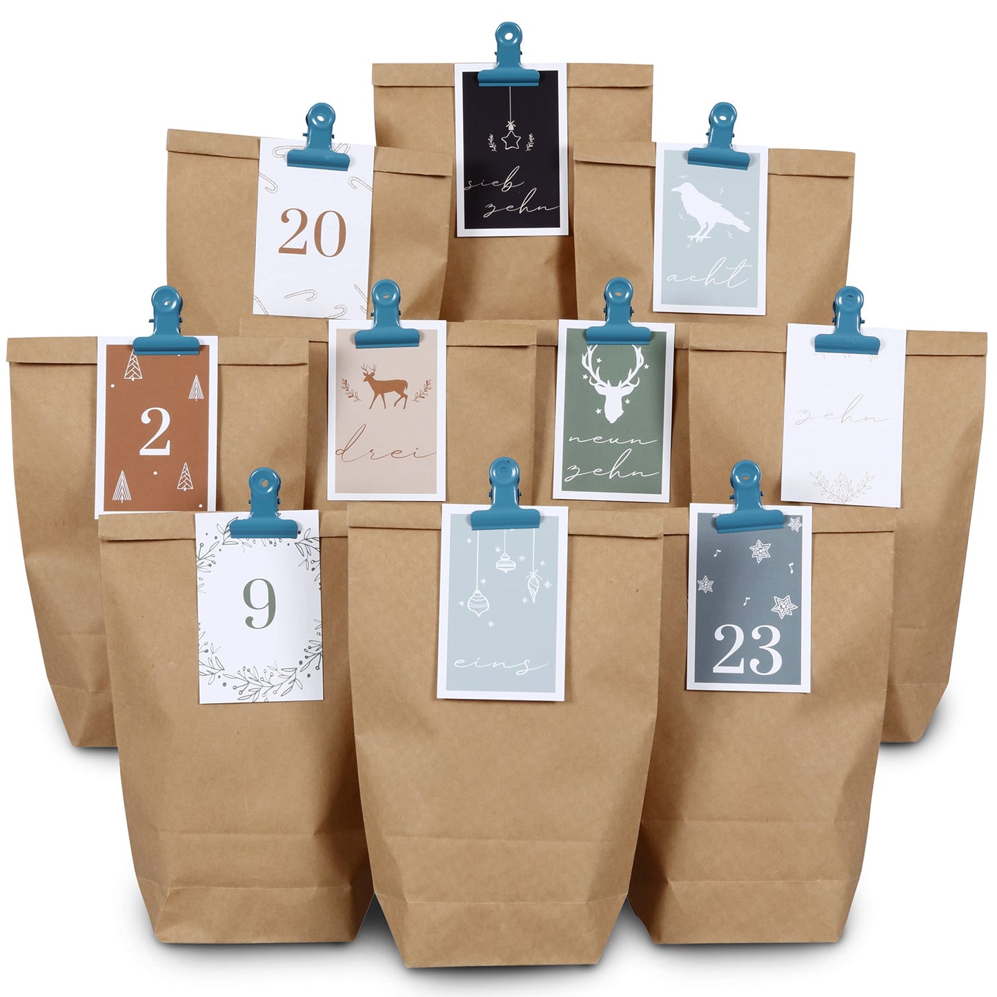 Adventskalender DIY-Set mit Geschenktüten, 24 Stück, Blau-Grün