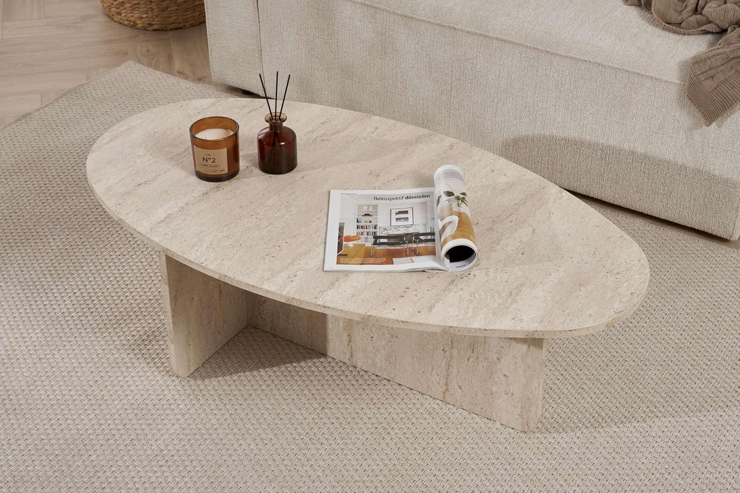 Stilvoller Couchtisch, melaminbeschichtet, 120x40x65 cm, Travertine