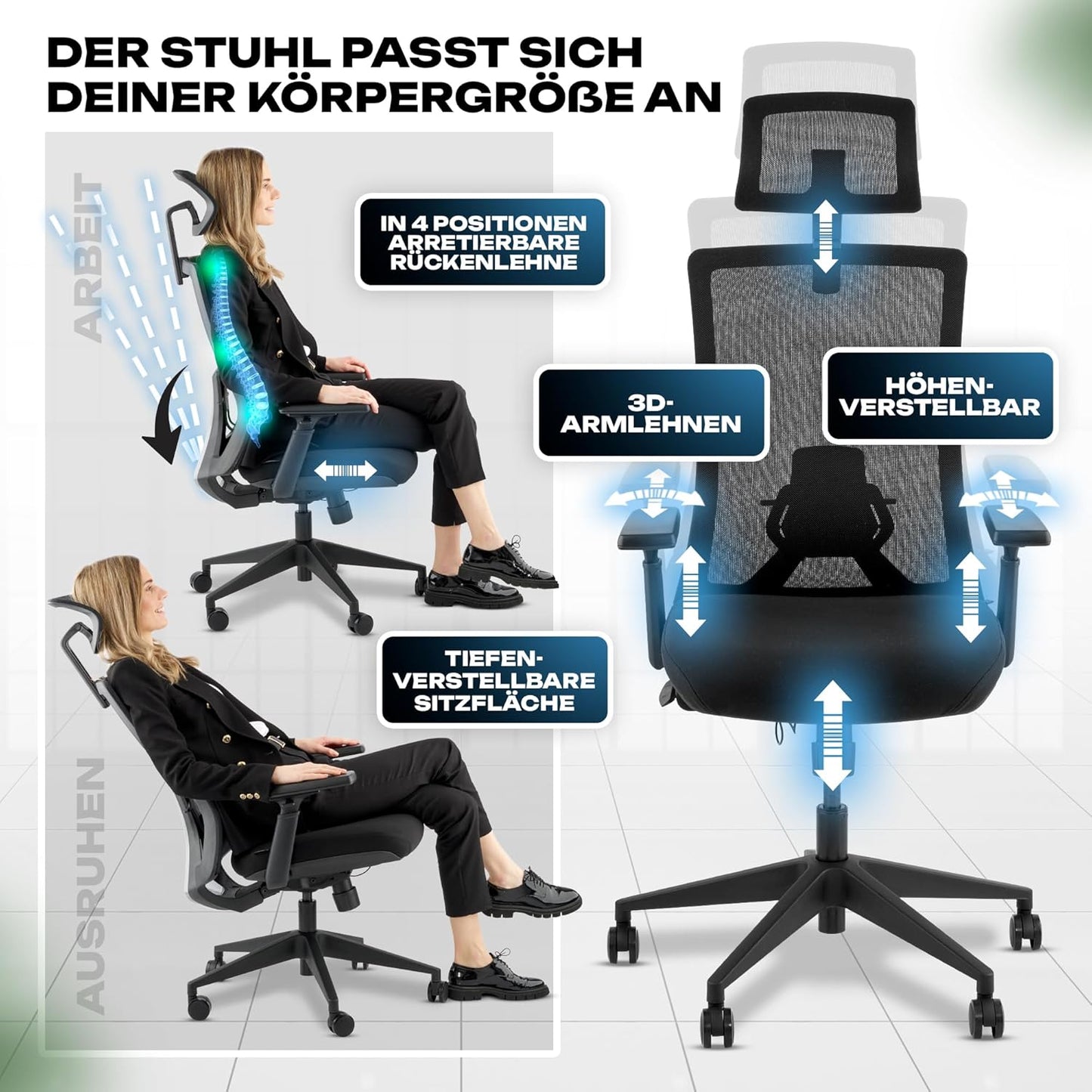 Ergonomischer Bürostuhl M3 Pro mit Kopfstütze, Schwarz M3 Pro