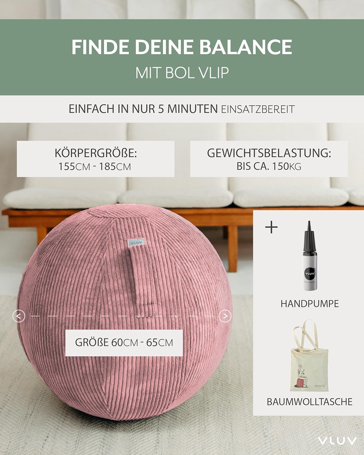 Ergonomischer Sitzball mit Tragegriff, 65 cm, Rosewood 60 - 65cm