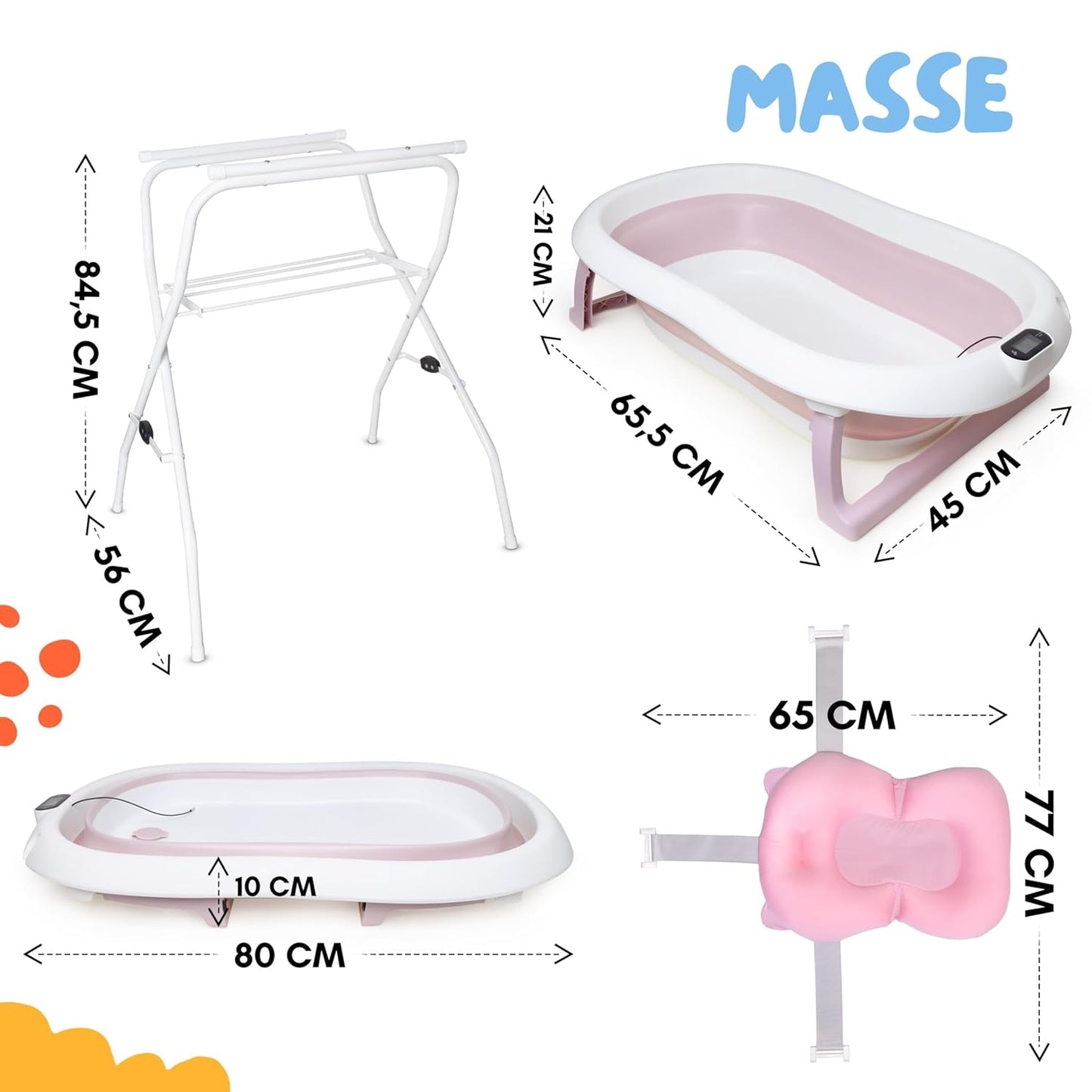 Faltbare Babybadewanne mit Ständer und Thermometer, Rosa 84,5cm Höhe - mit Ständer