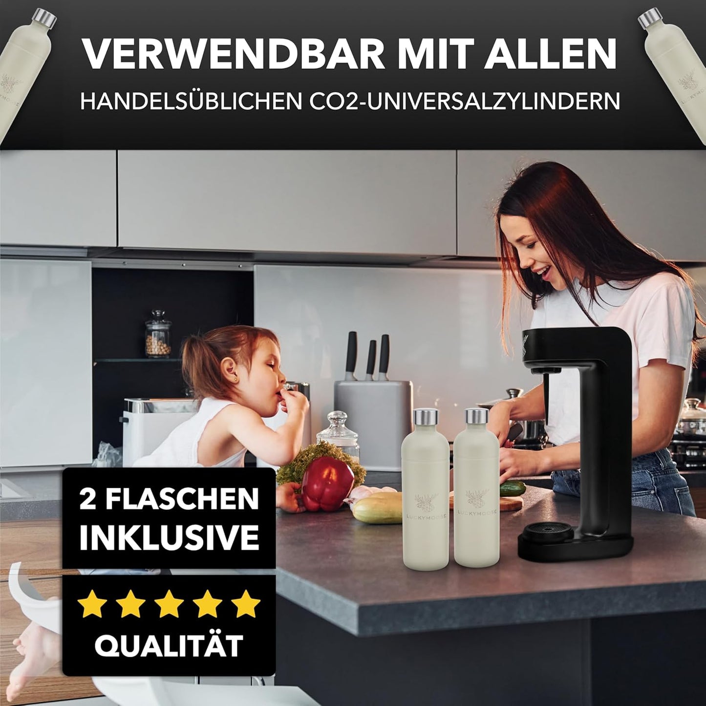 Wassersprudler mit Edelstahlflaschen 2 x 1,25L, Schwarz - 2x Sand