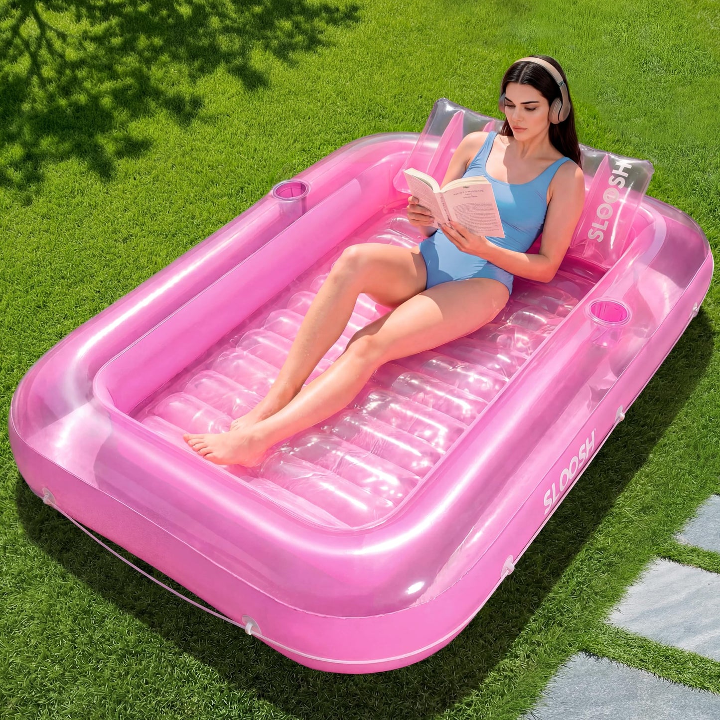 Aufblasbarer Sonnenpool mit abnehmbarem Kissen und Getränkehalter, Rosa L