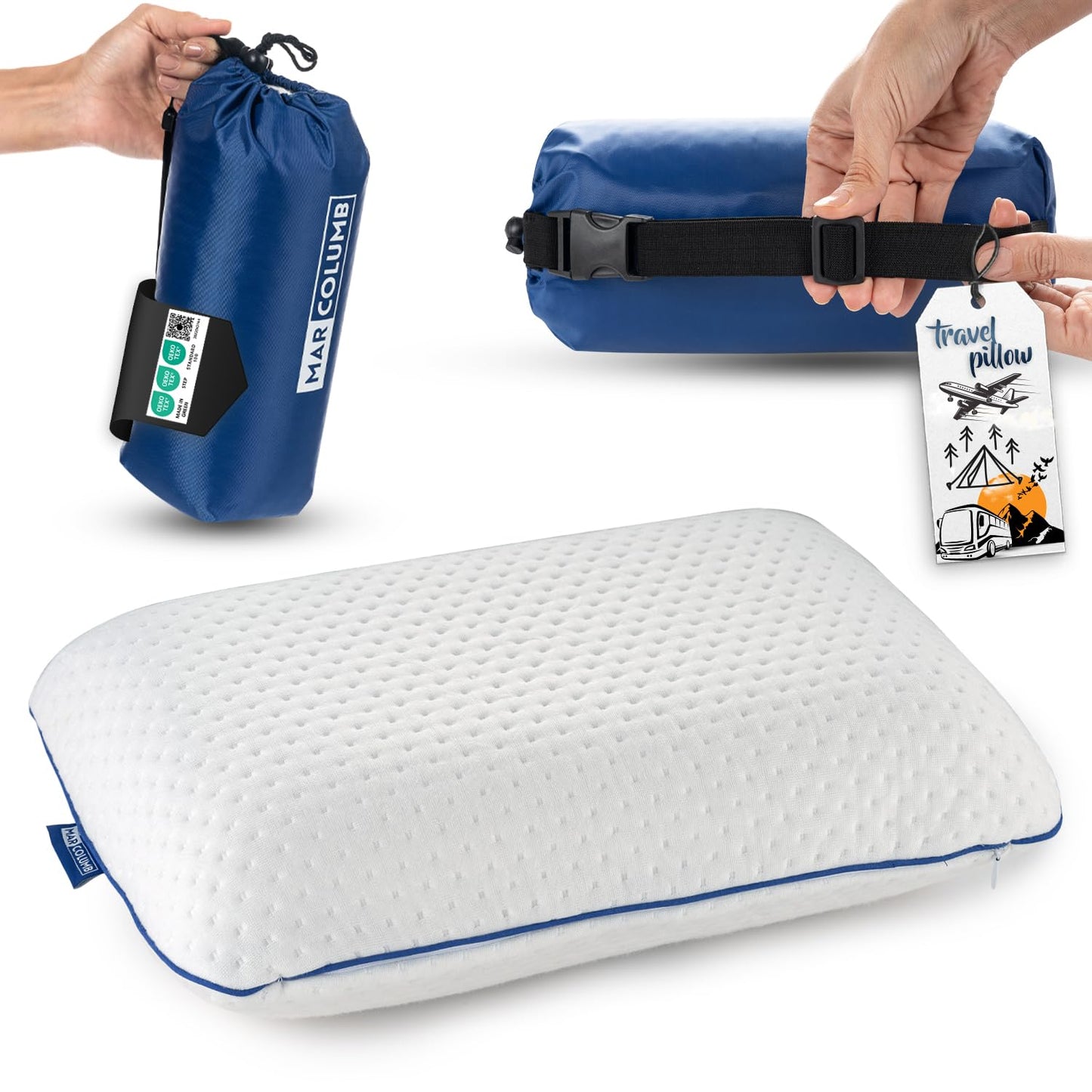 Ergonomisches Memory-Schaum-Reisekissen mit Bezug, Weiss 40x25x10 cm