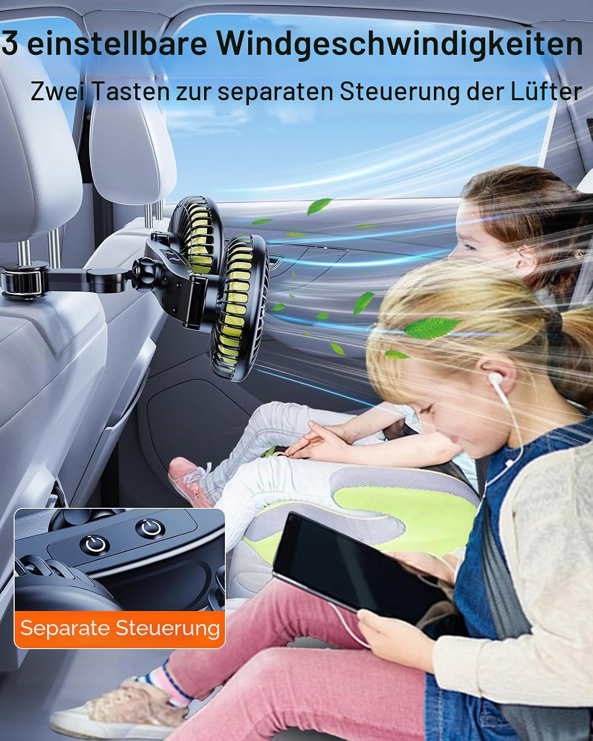 Auto-Rücksitzventilator mit einziehbarem Arm, 2000 mAh