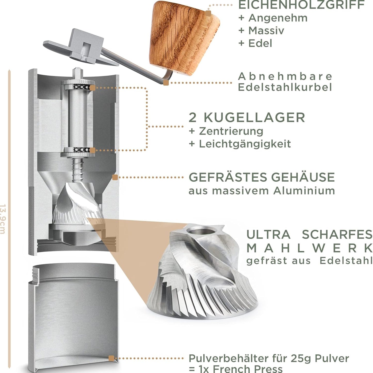 Manuelle Espressomühle mit Edelstahlmahlwerk, Kaffee