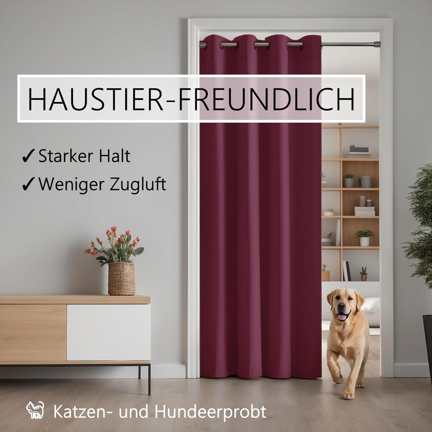 Türvorhang mit Teleskopstange, H200 x B150 cm (1er Pack) Türvorhang Bordeaux Rot + Stange Silber