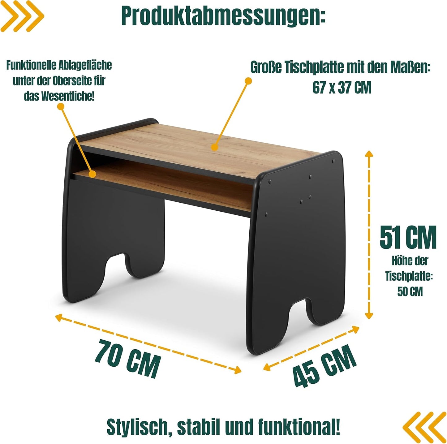 Kindertisch und Stuhl Set - Stabil & Langlebig, 1 Stuhl und Tisch Schwarz + Eiche