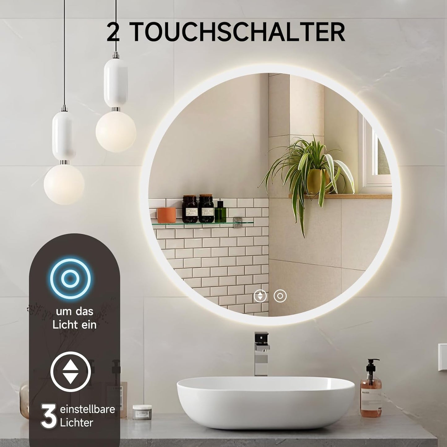 Runder LED-Badspiegel mit Touchschalter, 50L x 50B cm