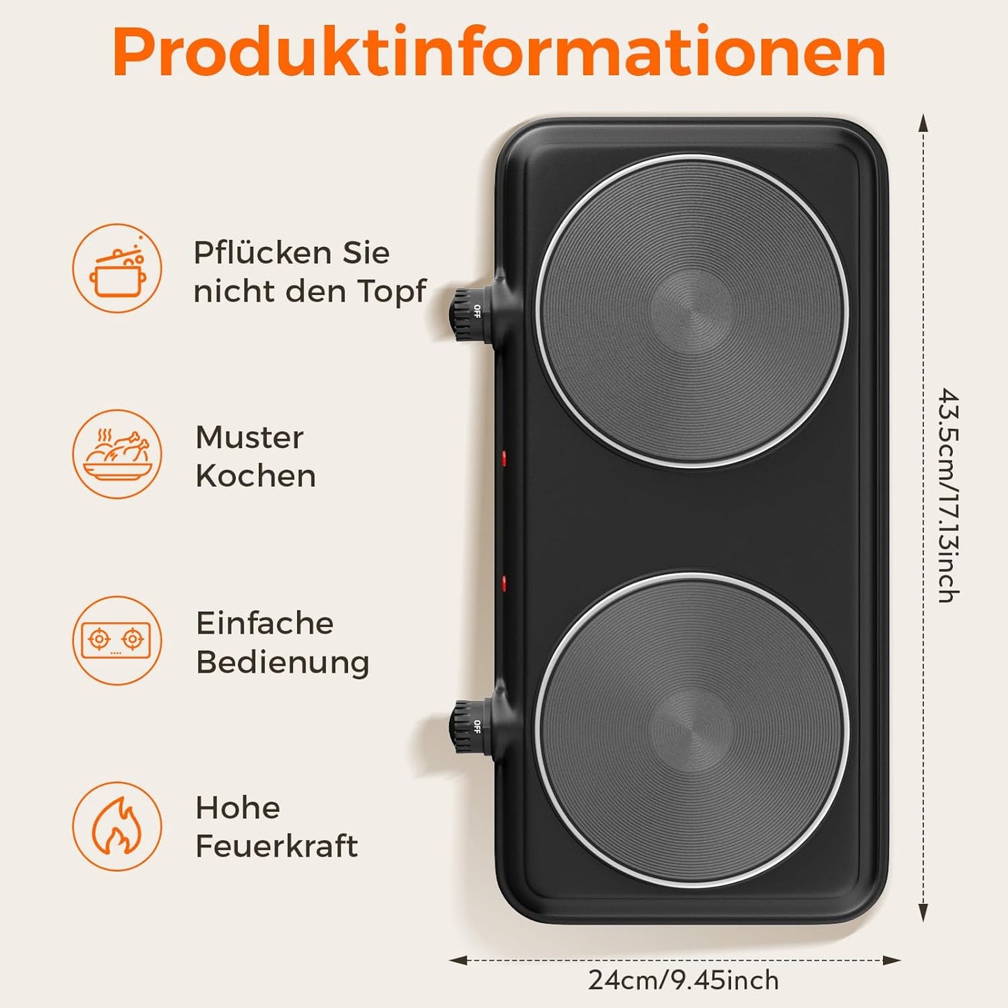 Kochplatte mit 2 Kochfeldern, Schwarz M