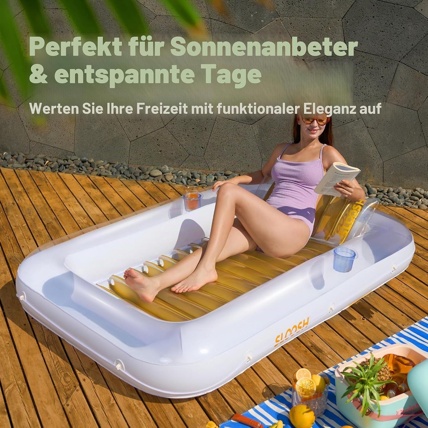 Aufblasbarer Sonnenpool mit abnehmbarem Kissen und Getränkehalter, Gold-Weiss L