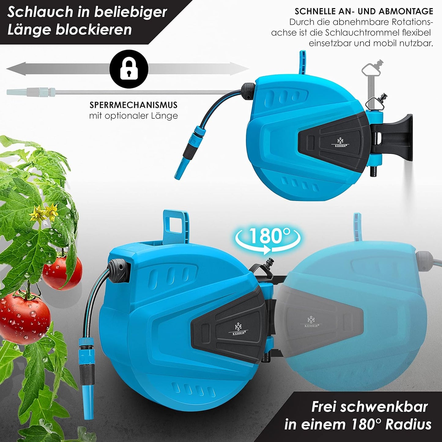 Automatik-Schlauchaufroller mit 30 m Schlauch, 30 Meter ; Blau