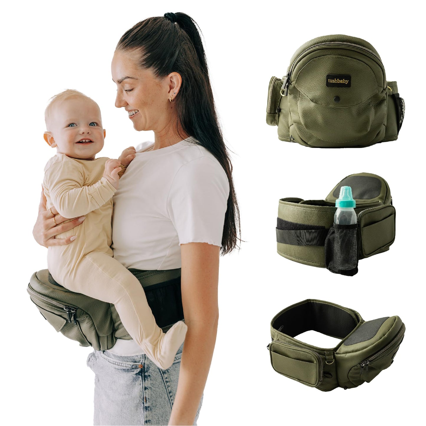 Ergonomischer Baby-Hüftsitz mit Stauraum, Olive
