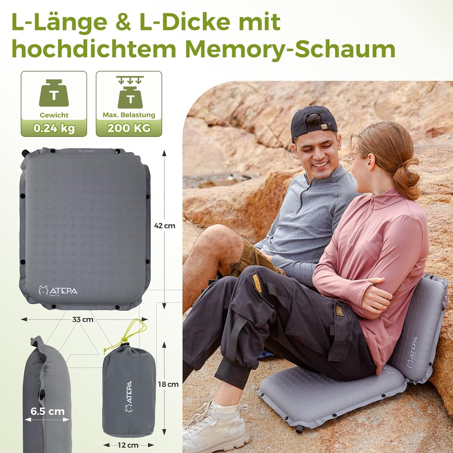 Selbstaufblasendes Sitzkissen-Set, Grau 2er Pack 42 x 33 x 6,5 cm