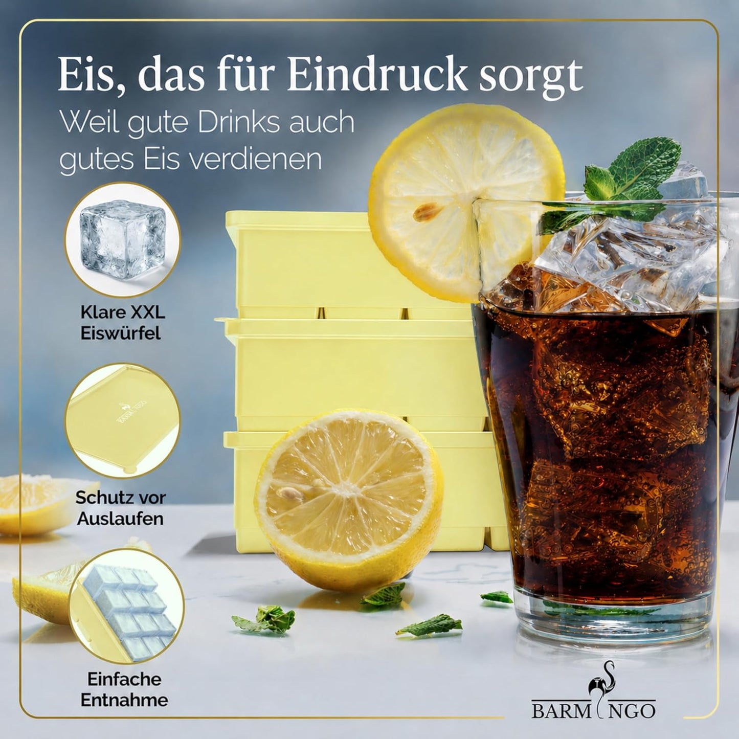 3er Set Eiswürfelform mit Deckel, 15 XXL Würfel Pastell Gelb 3