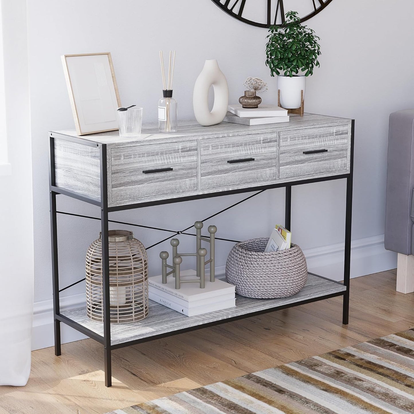 Brooklyn Konsolentisch mit 3 Schubladen, Grau, 3 Drawer
