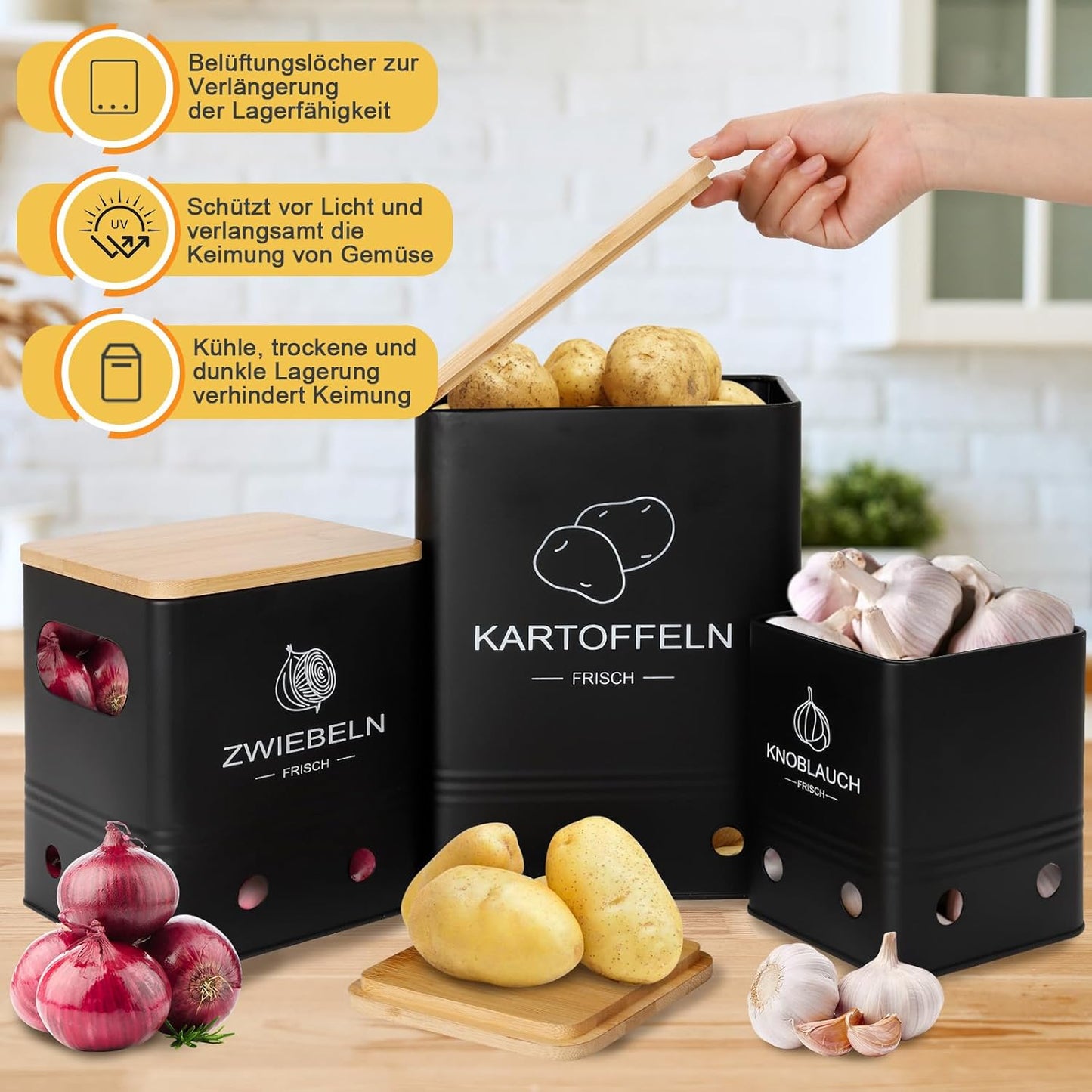 Gemüse Aufbewahrungsboxen-Set (3 Stück), Schwarz