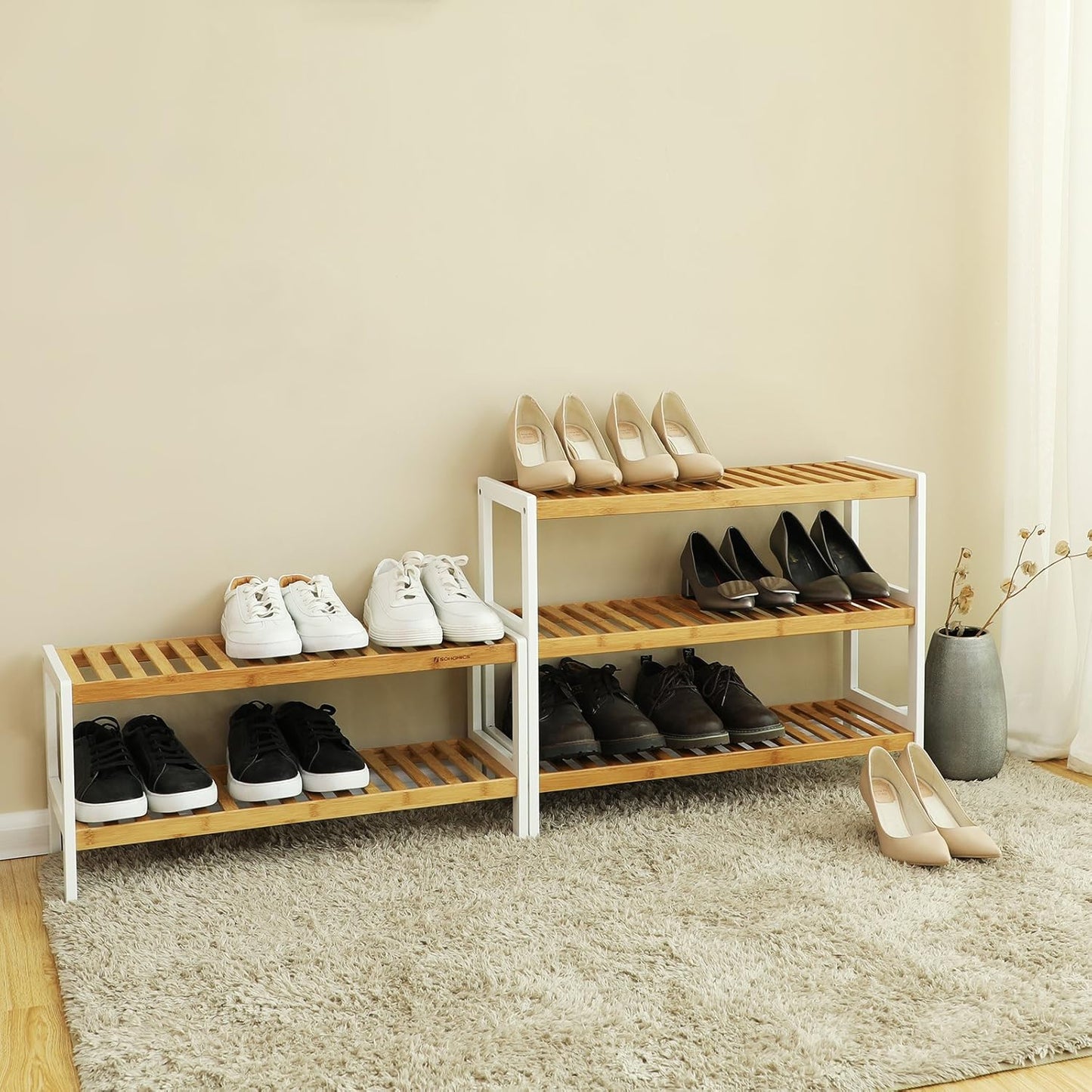 Schuhregal mit 3 Ebenen, Weiss + Naturfarben 3 Ebenen