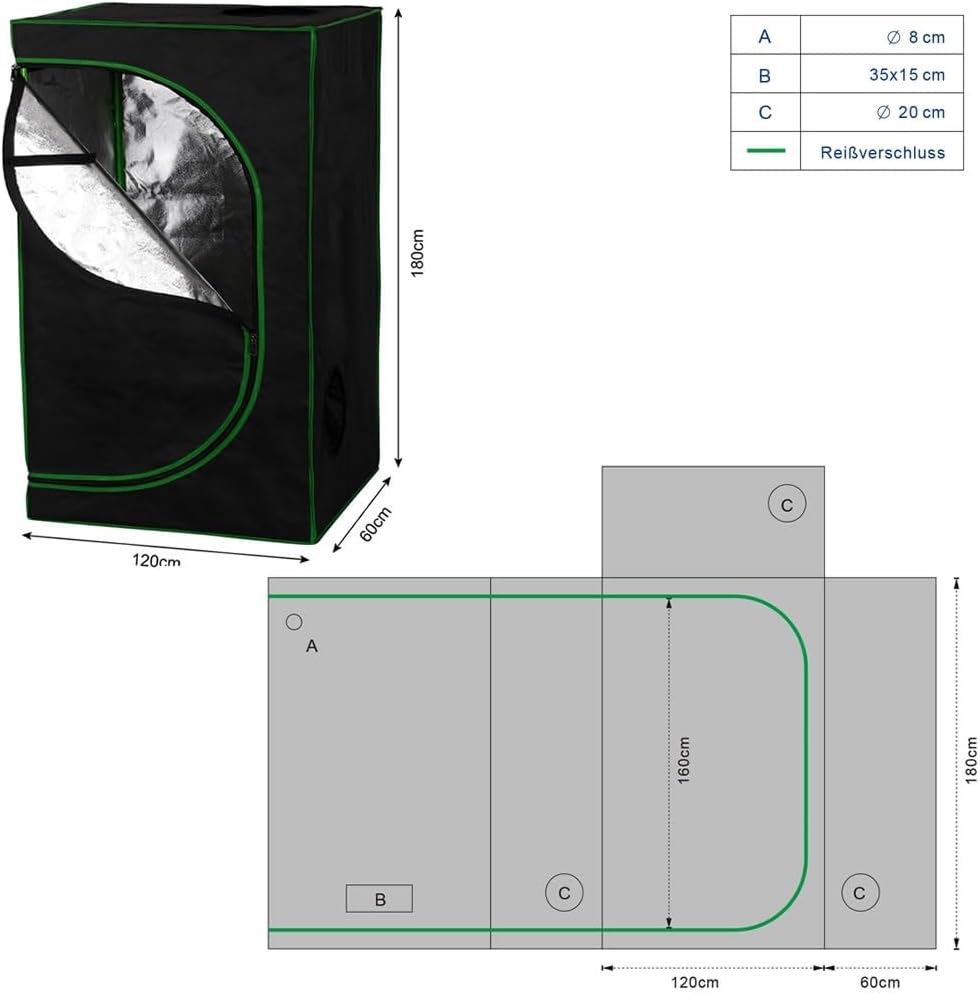 Indoor Growzelt Set mit 3-in-1 Messgerät, 120x60x180 cm
