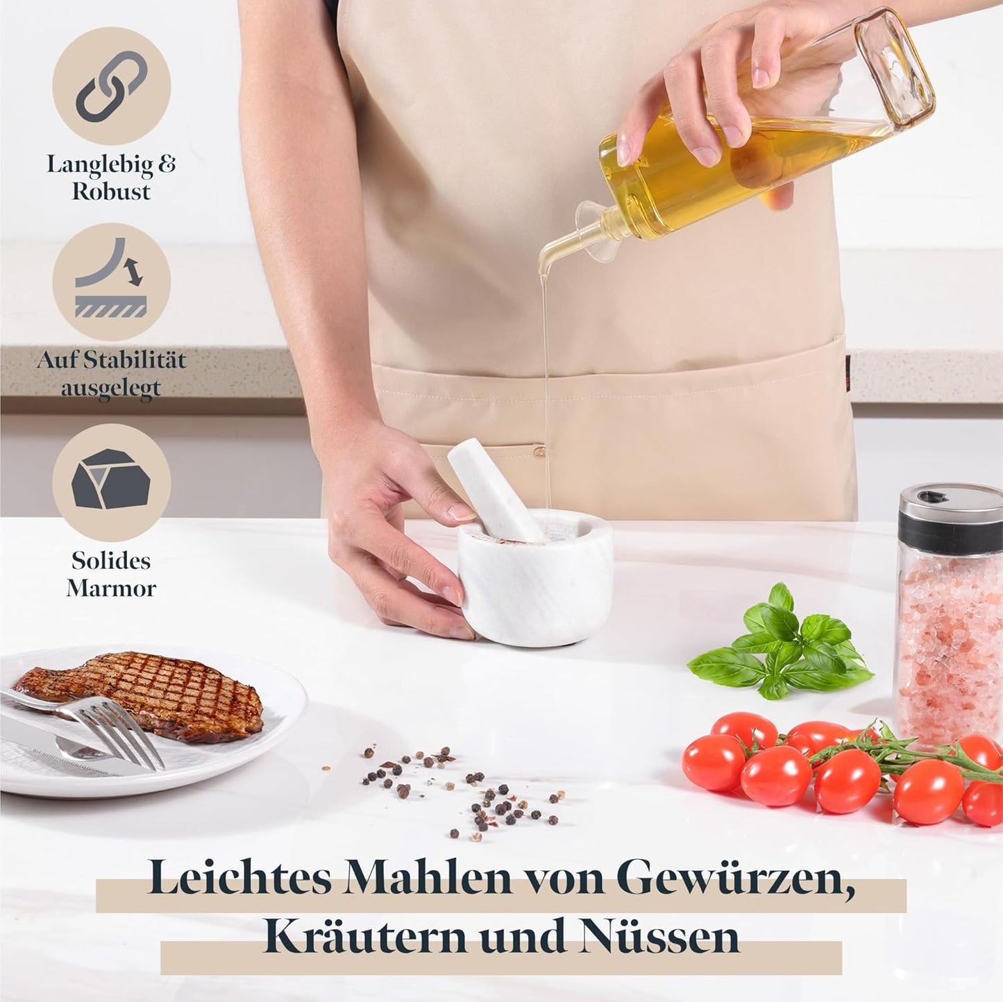Mörser mit Stössel aus Marmor, 8,5 cm, marbre blanc neige