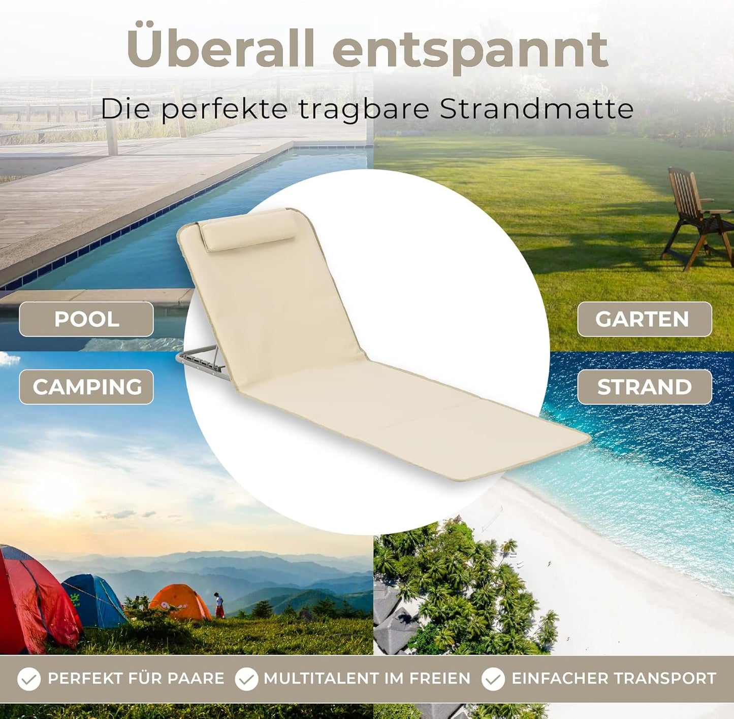 Strandmatte 2er-Set mit Verstellbarer Rückenlehne, Beige