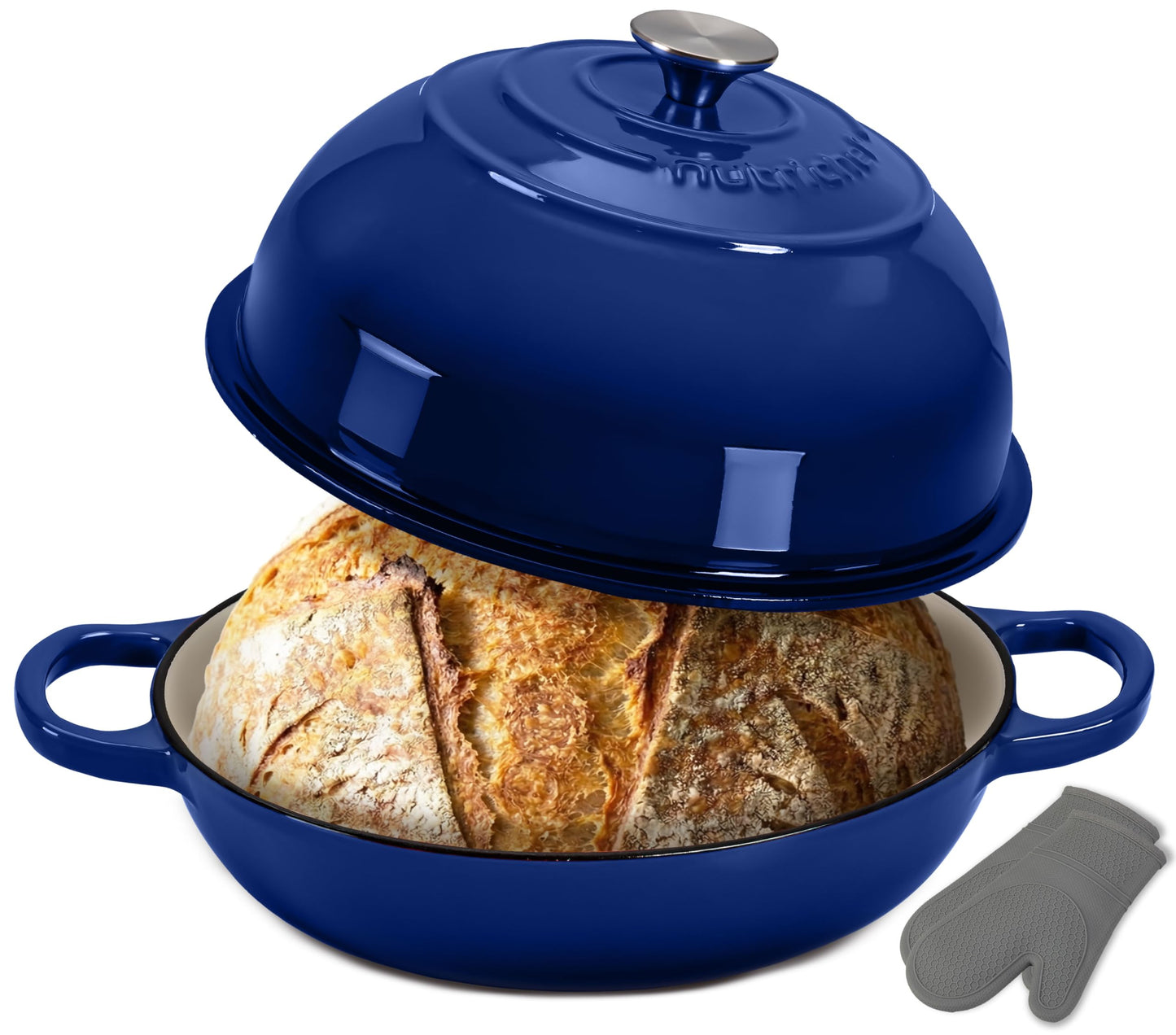 Gusseisentopf mit Deckel und Silikonhandschuhen, Blau