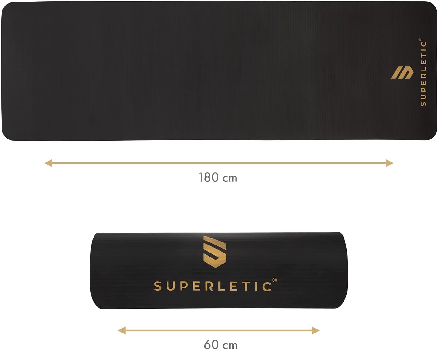 Rutschfeste Fitness- und Yogamatte mit Tragegurt, Schwarz- Nitrile Butadiene Rubber 180 x 60 x 1,0 cm