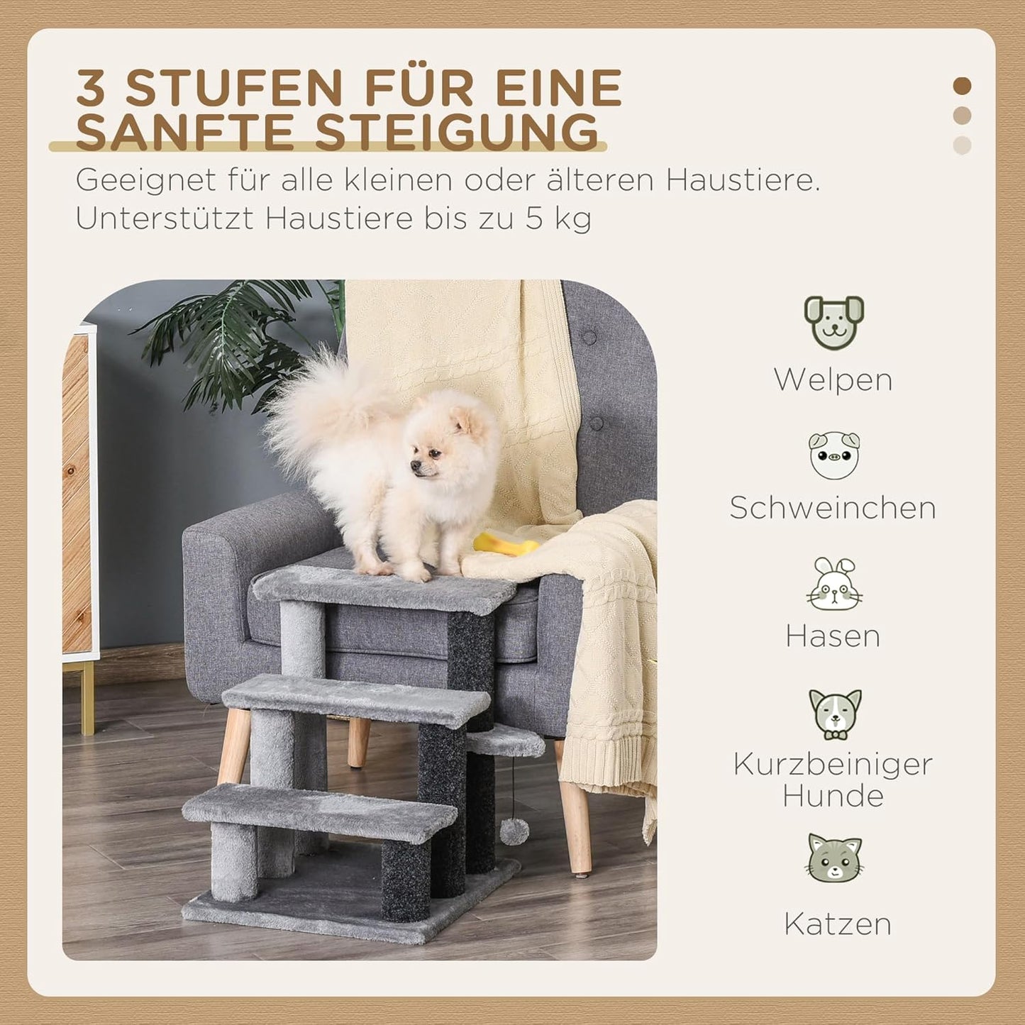 Haustiertreppe mit Kratzsäulen, 45L x 40B x 48H cm