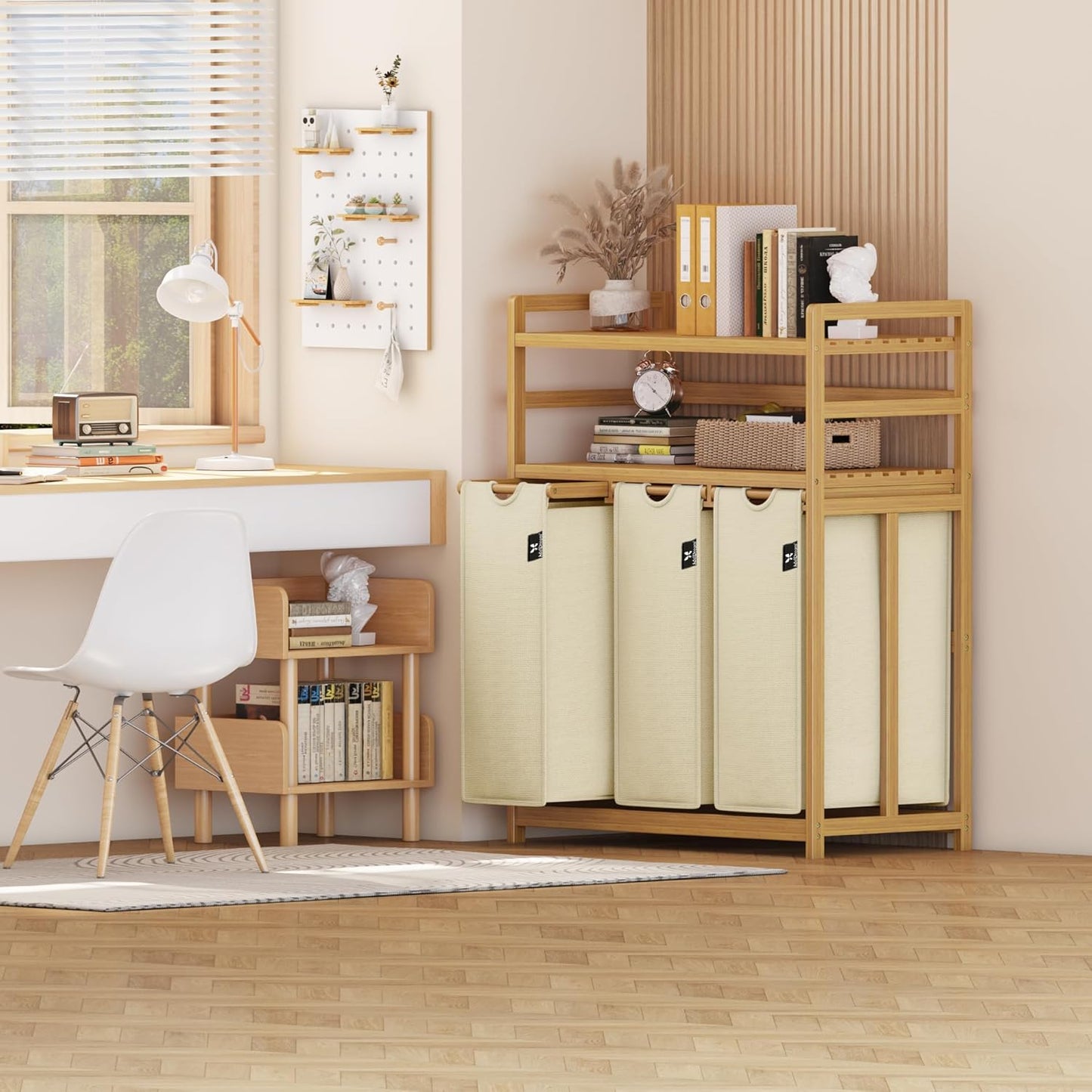 3-Fächer Wäschesortierer mit Doppelregal, Beige-6-15