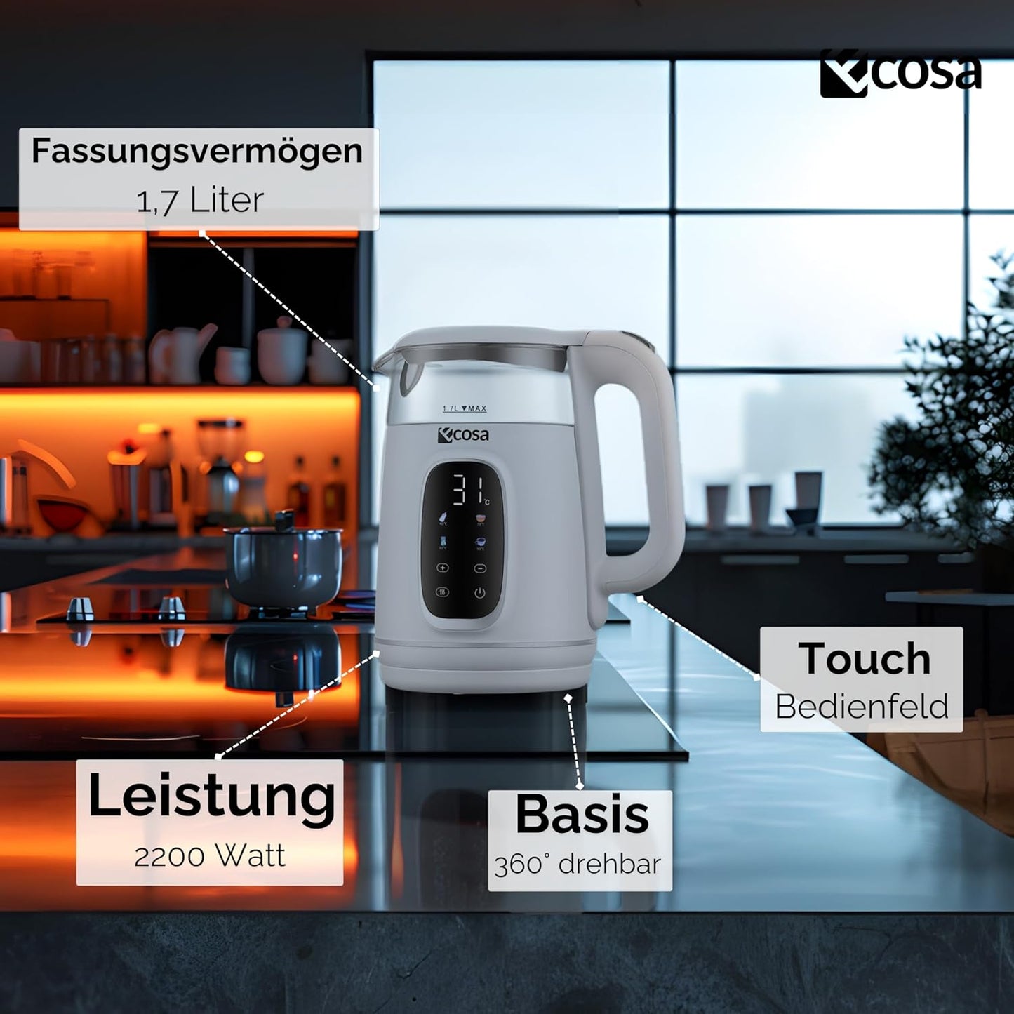 Wasserkocher mit Temperatureinstellung (1,7 Liter), Woldo White