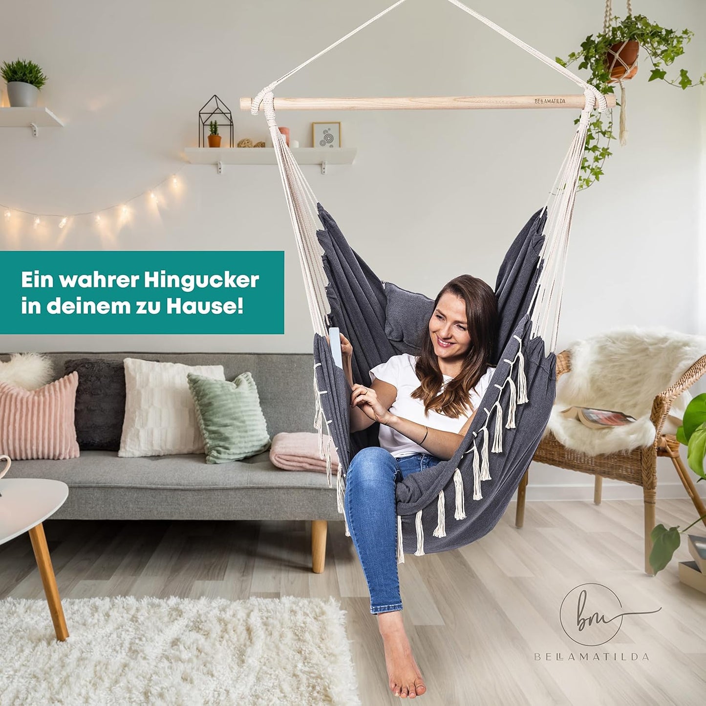 XXL Hängesessel mit Kissen, Grau-beige