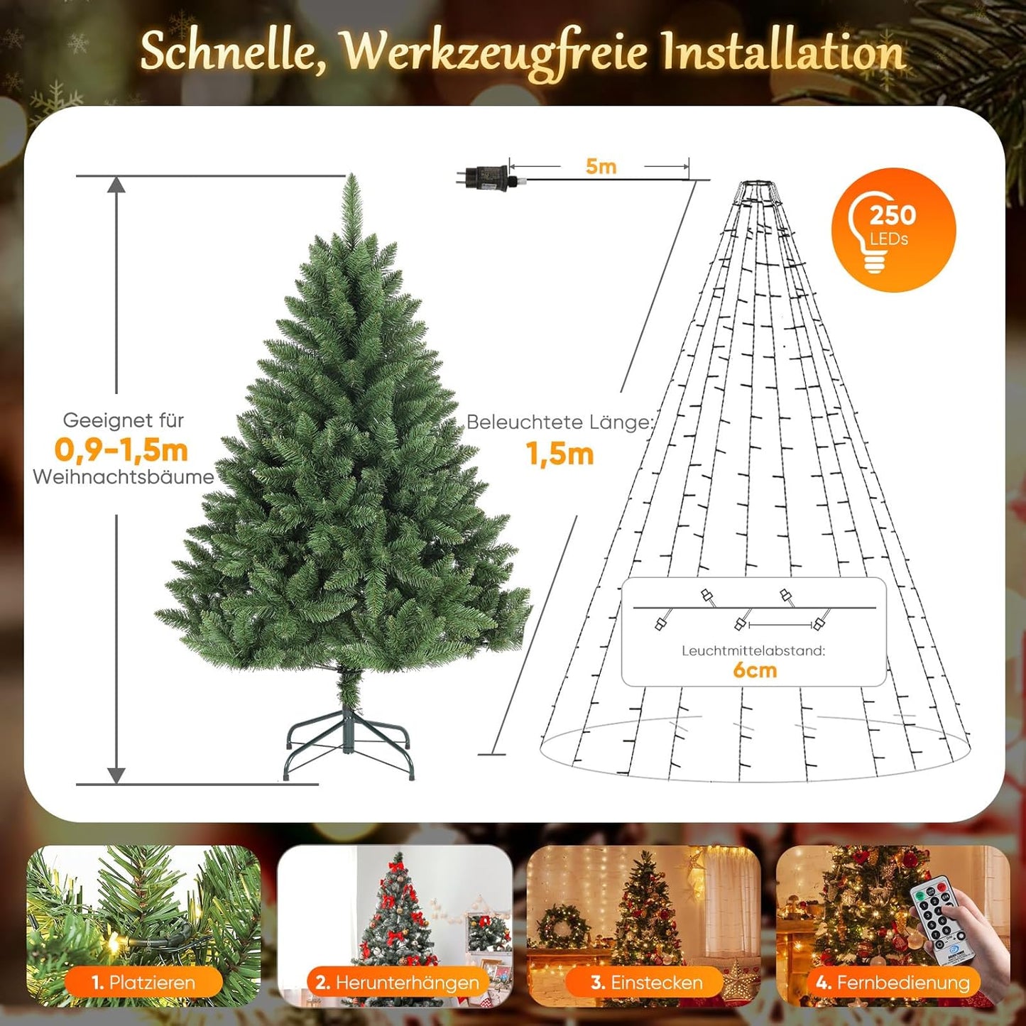 LED-Christbaumbeleuchtung mit Fernbedienung, Warmweiß Fernbedienung 1,5m
