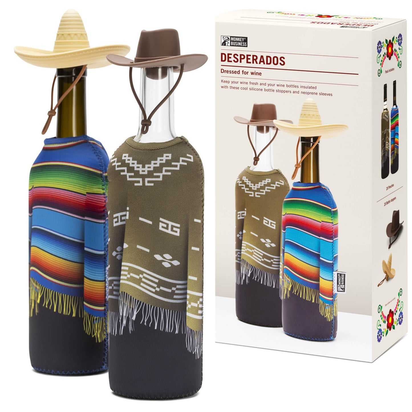 Geschenkbox Desperados für Weinliebhaber mit Flaschenverschlüssen und Ponchos