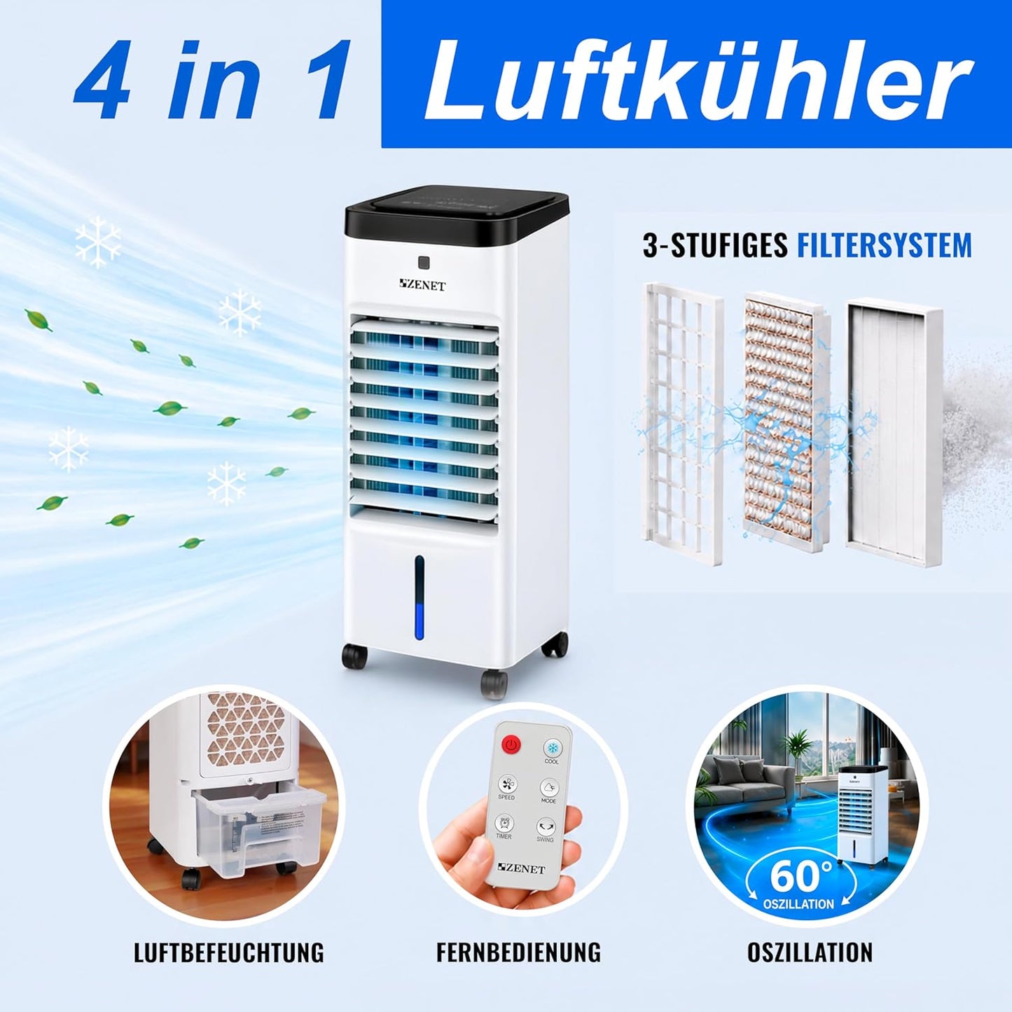 Luftkühler & Klimaanlage 4-in-1 mit Fernbedienung