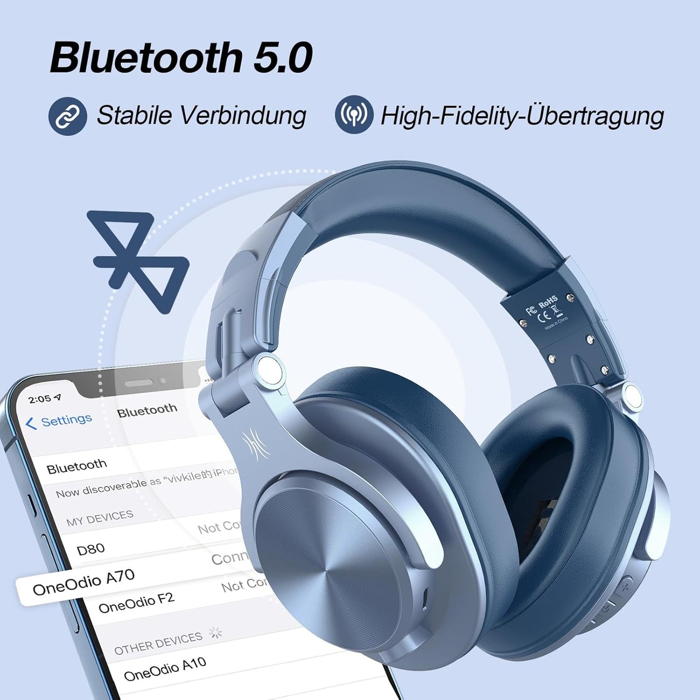 Bluetooth Over-Ear Kopfhörer mit HiFi Stereo, Himmelblau
