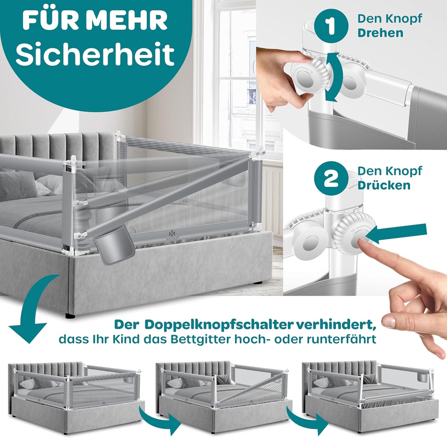 Klappbares Bettgitter, 150cm Hellgrau