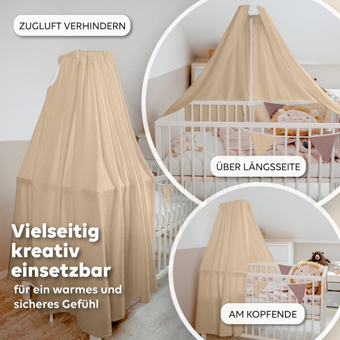 Betthimmel für Babybett, Creme inkl. Himmelstange