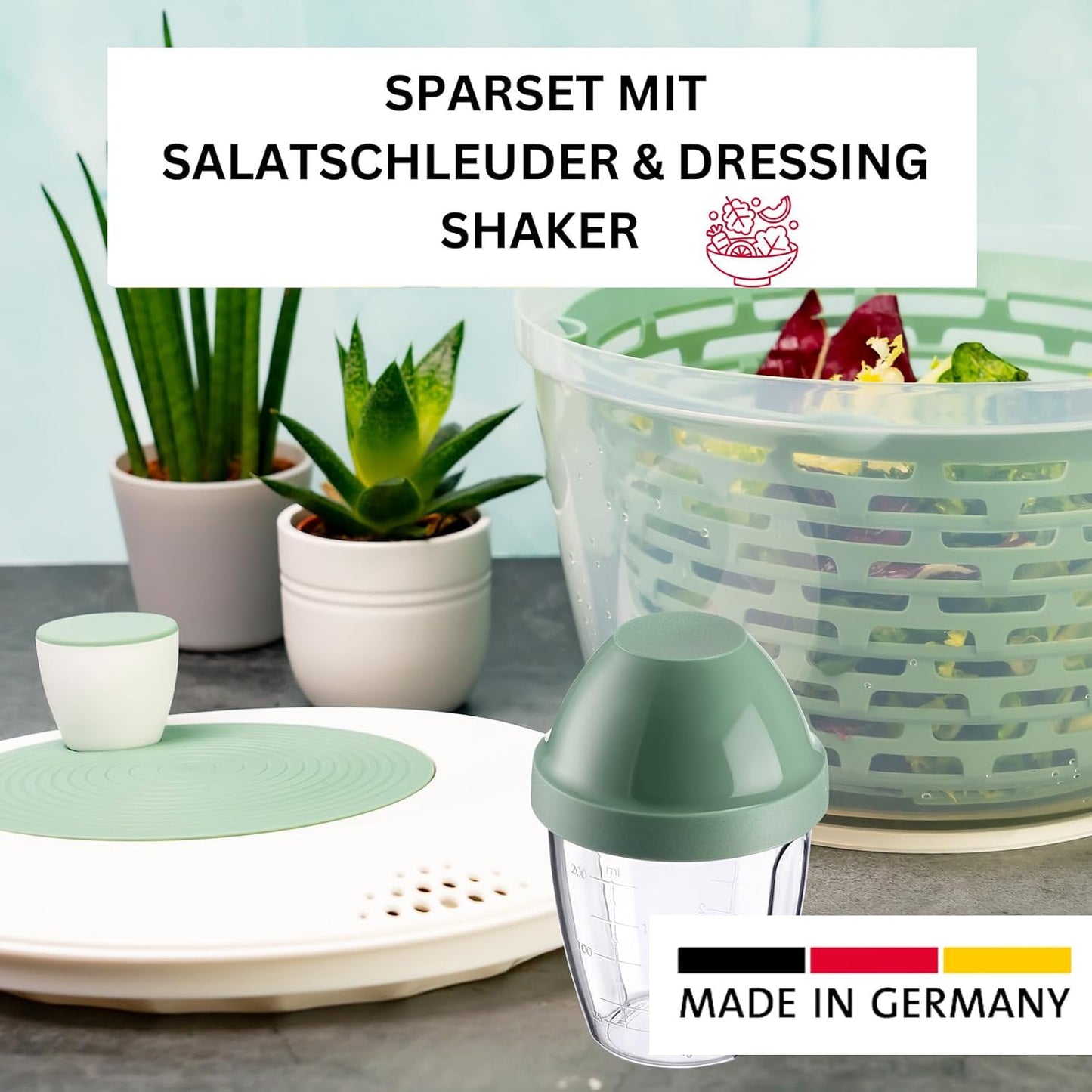 Salatschleuder mit Drehknauf und Shaker-Set, Mint-grün, Rutschfest, Set 2tlg.