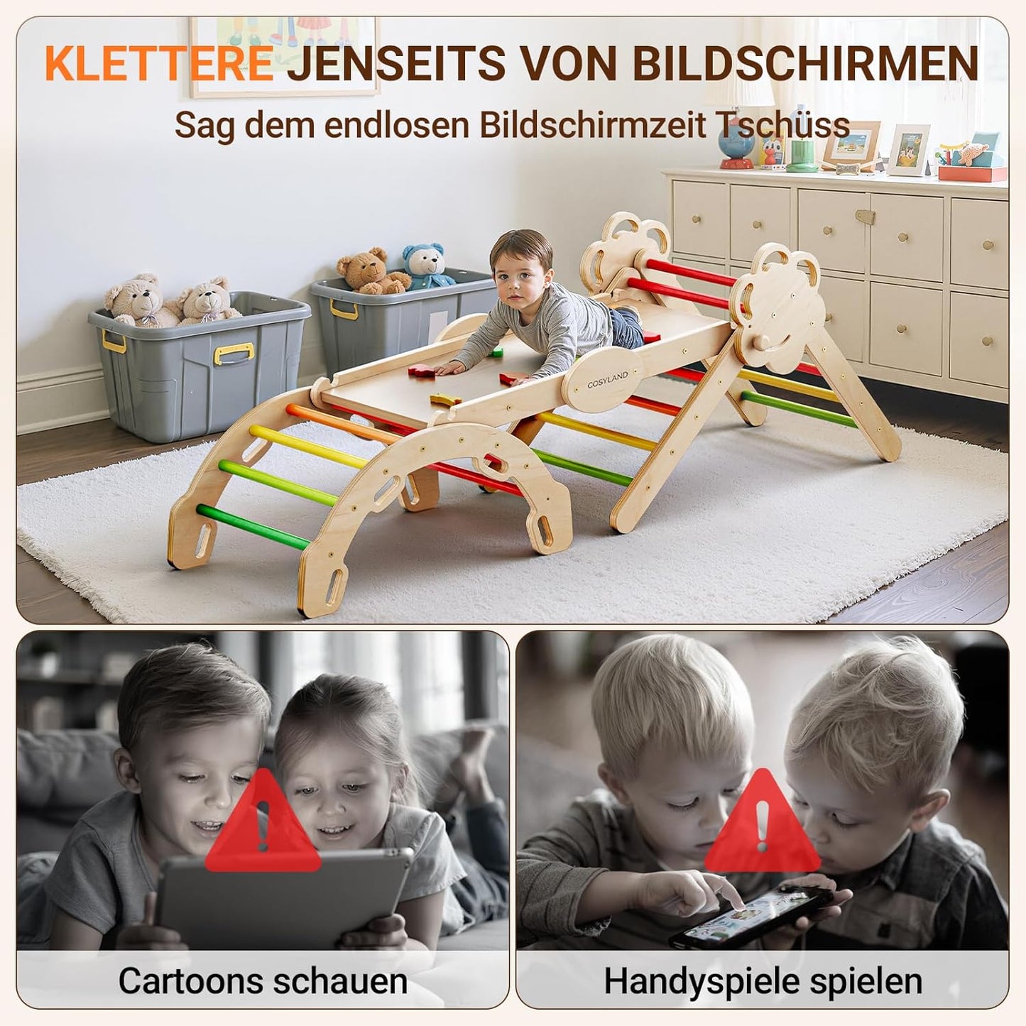 8-in-1 Klettergerüst Indoor mit Rutsche, L Natur/Warmfarben