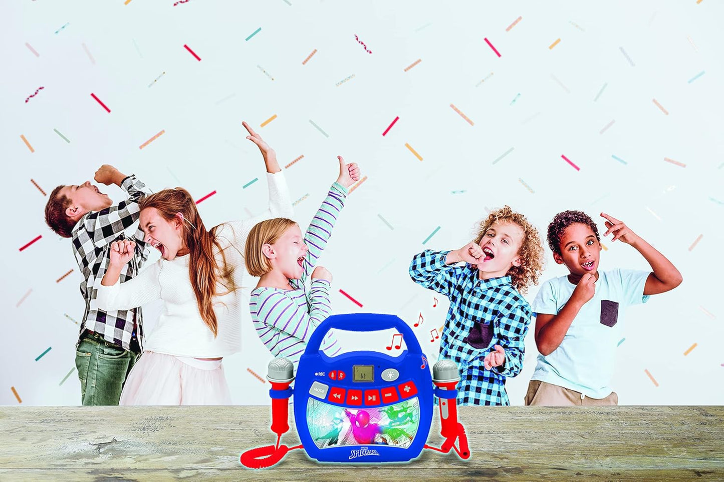 MP320SPZ Spider-Man-Tragbarer digitaler Karaoke-Player für Kinder-Mikrofone, Lichteffekte, Spider-Man