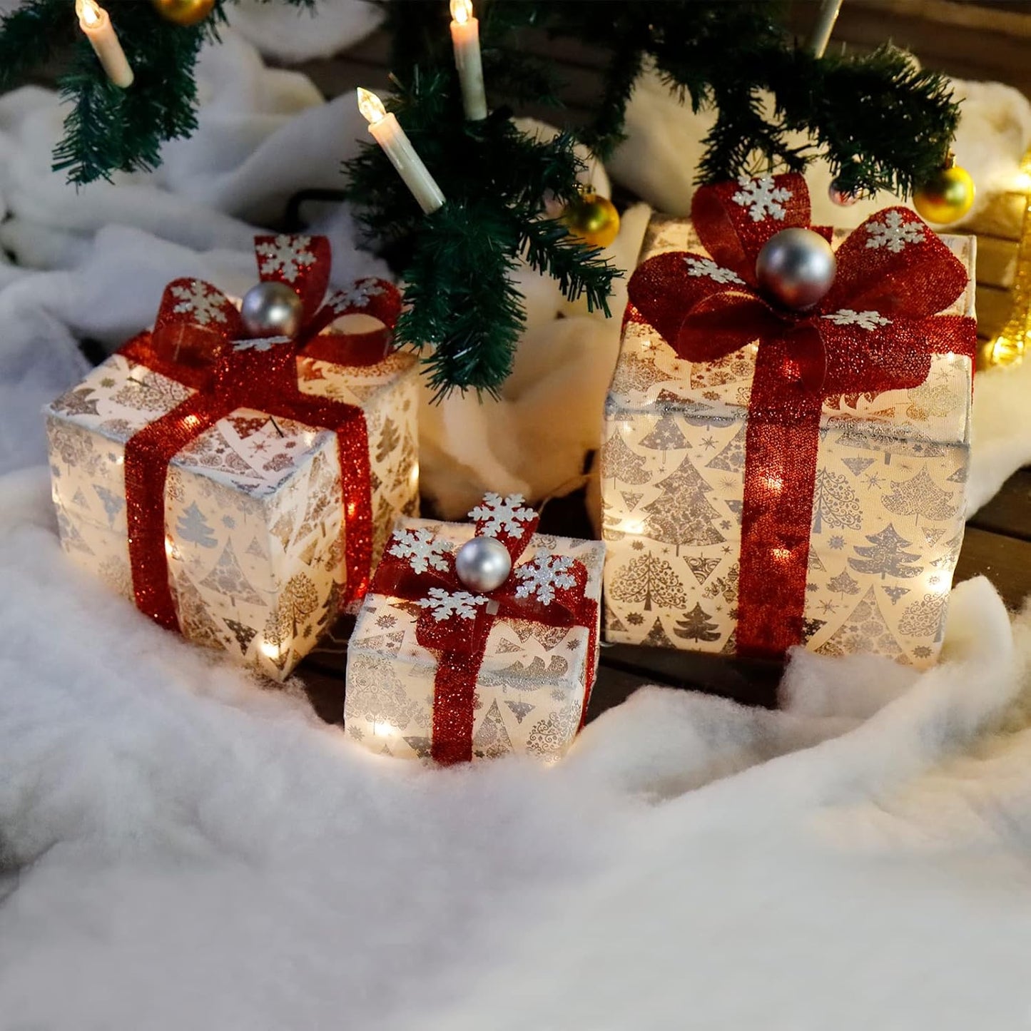 3er LED Geschenkbox Set mit Lichterkette, 009 Weiss mit Weihnahchtsbaum - Netzstecker