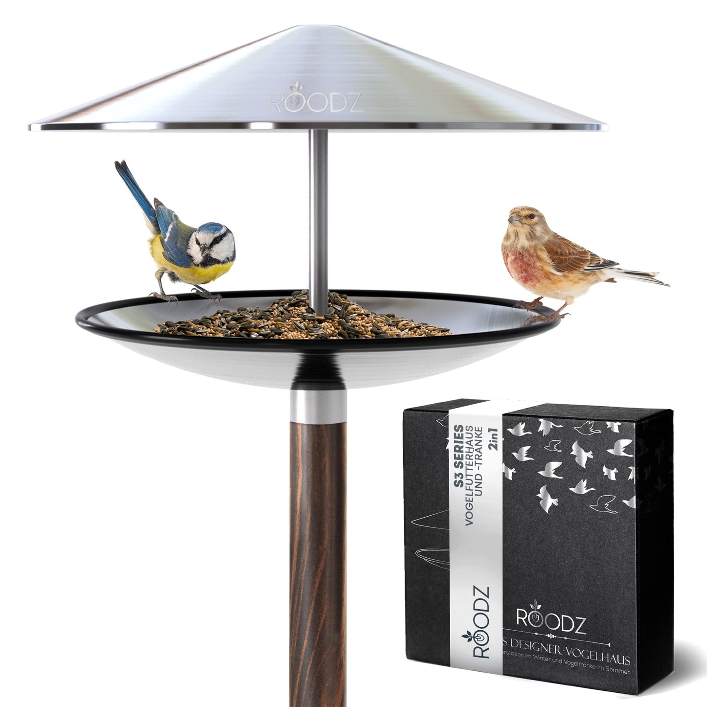 Vogelhaus mit Tränke, Silber/Holzoptik