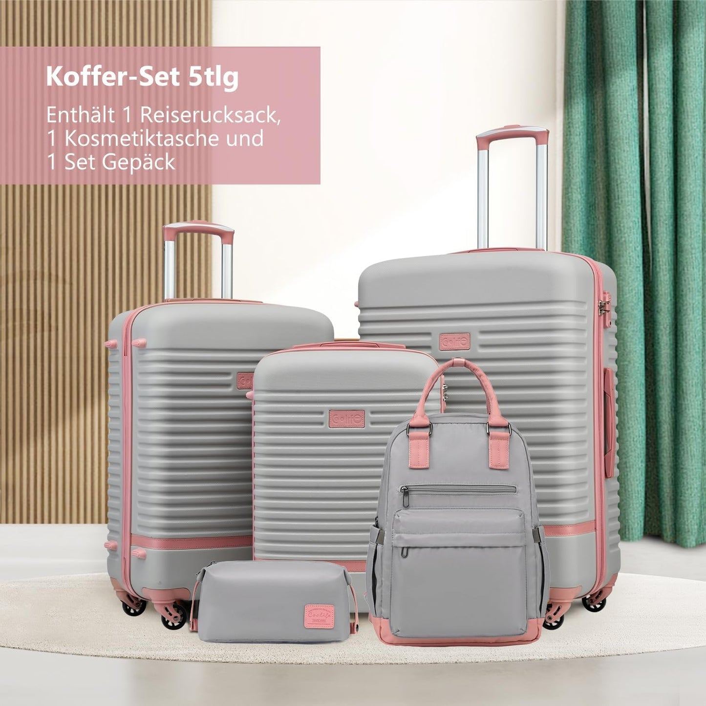 5-teiliges Trolley-Set mit Reiserucksack und Kulturbeutel, Koffer-Set 5tlg / Grau/Rosa