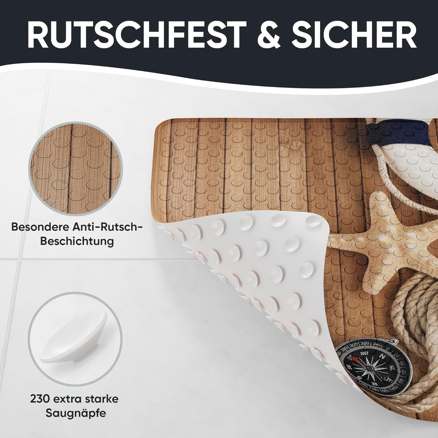 Rutschfeste Badematte 53x53 cm, maschinenwaschbar, Maritime