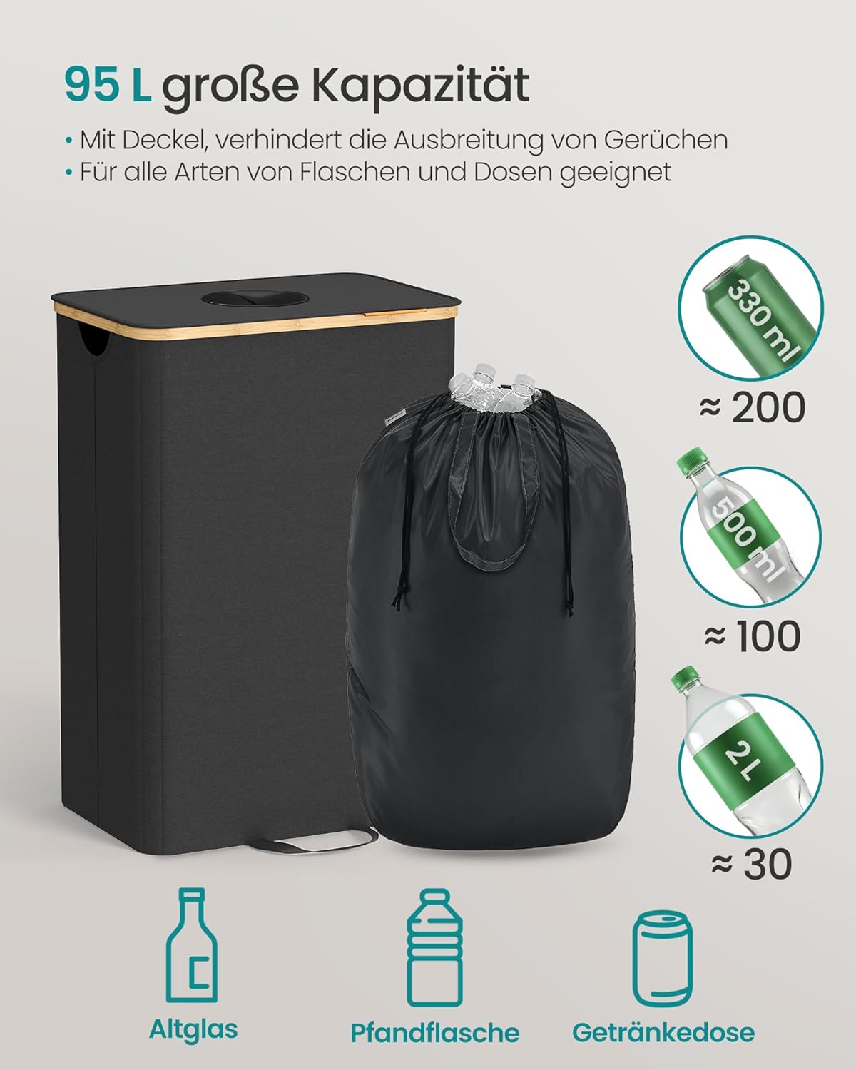 Flaschen-Sammelbehälter 95 L mit Innensack, Tintenschwarz + Naturbeige 95 L