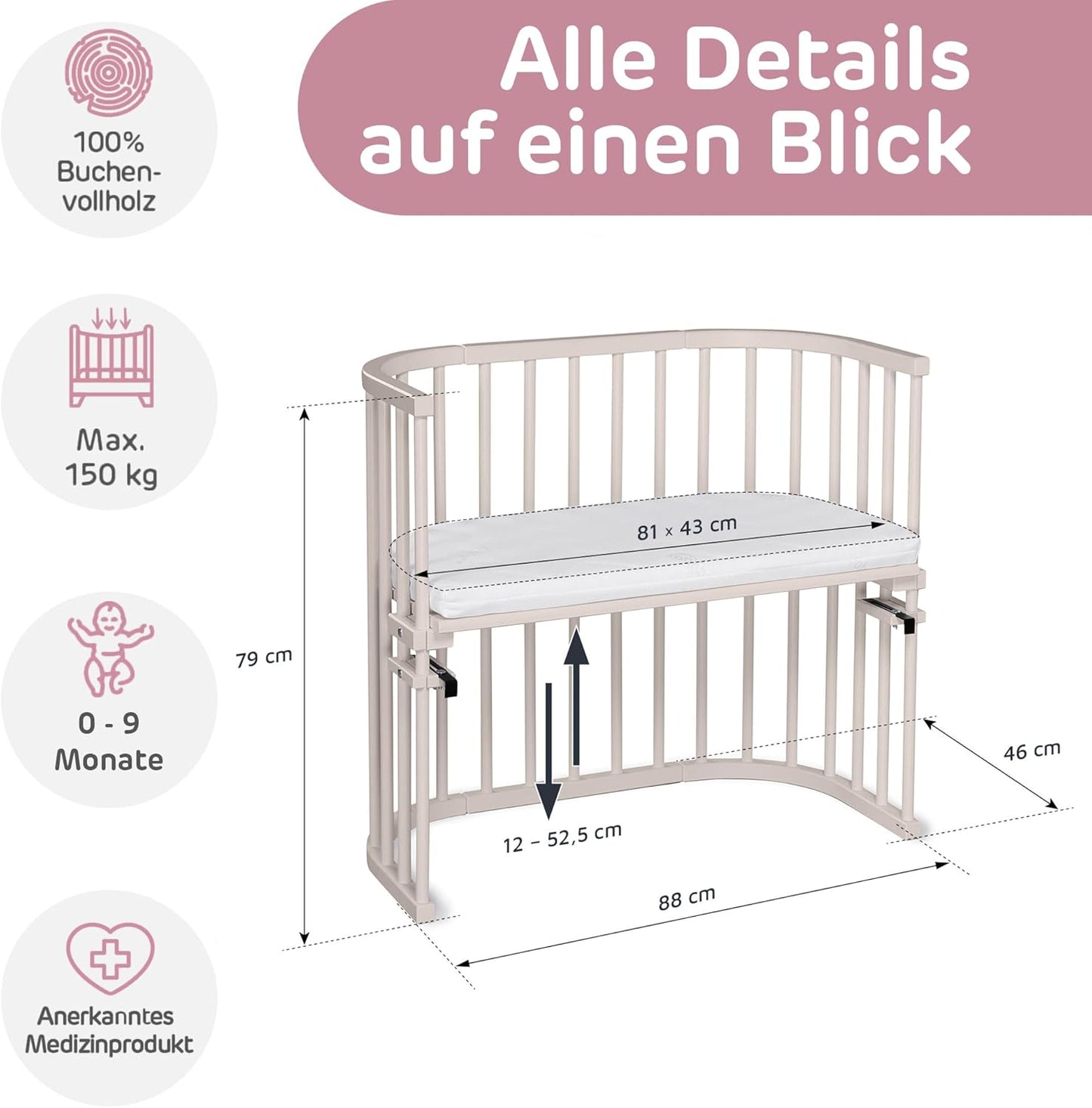 Höhenverstellbares Beistellbett mit Matratze, Beige Lackiert / 87L x 46B x 79H cm / Mit Matratze