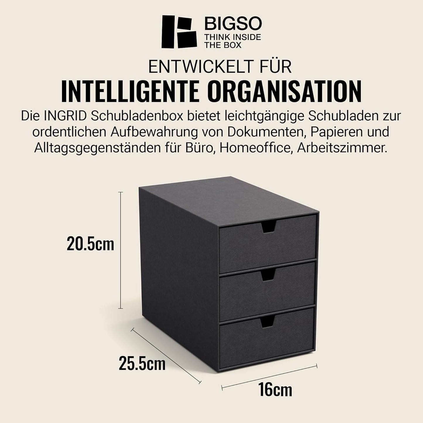 Ingrid Schubladenbox mit 3 Fächern, Schwarz 2 Leinenoptik