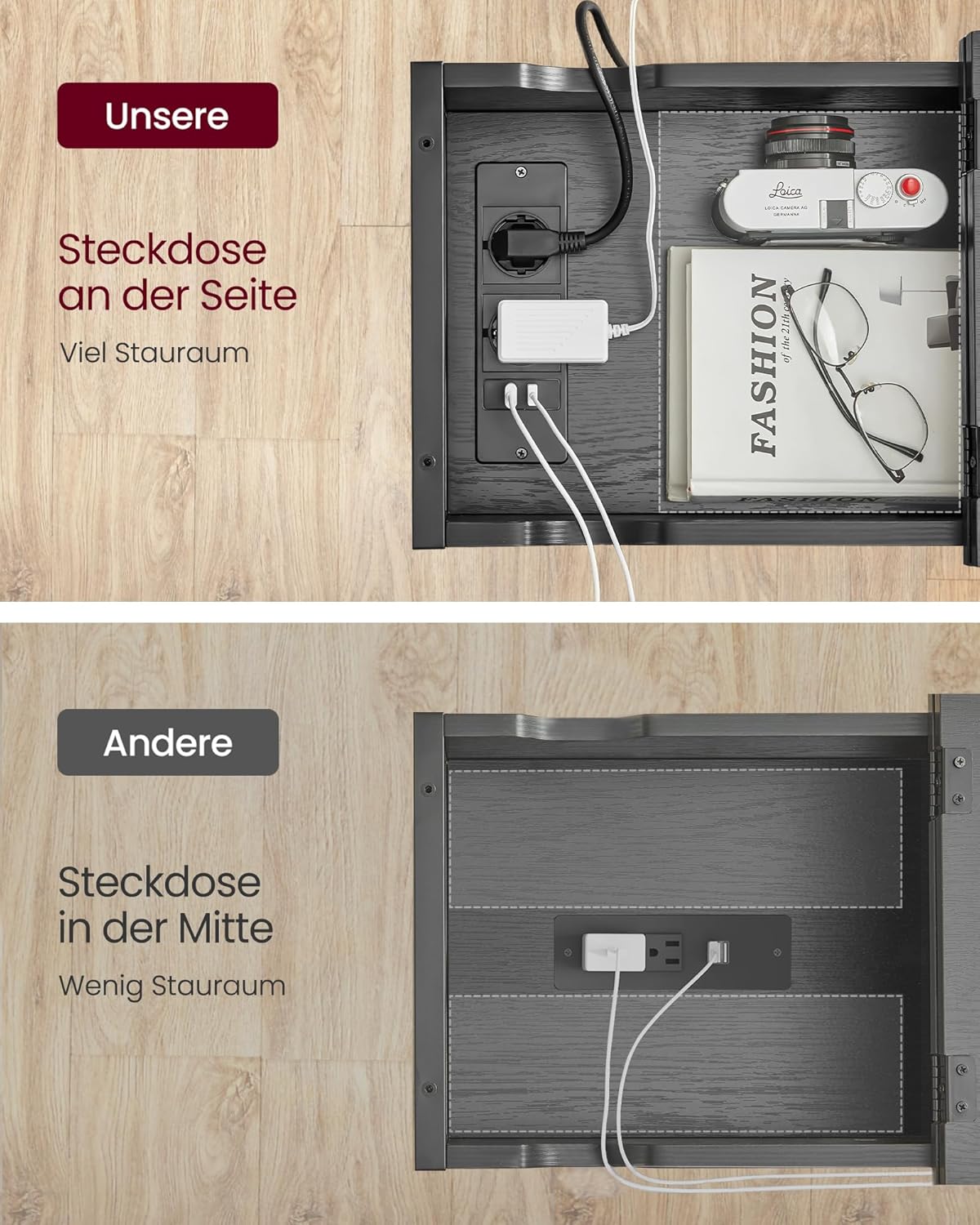 Beistelltisch mit Steckdose und USB-Anschlüssen, 1 Schwarz + Holzmaserung