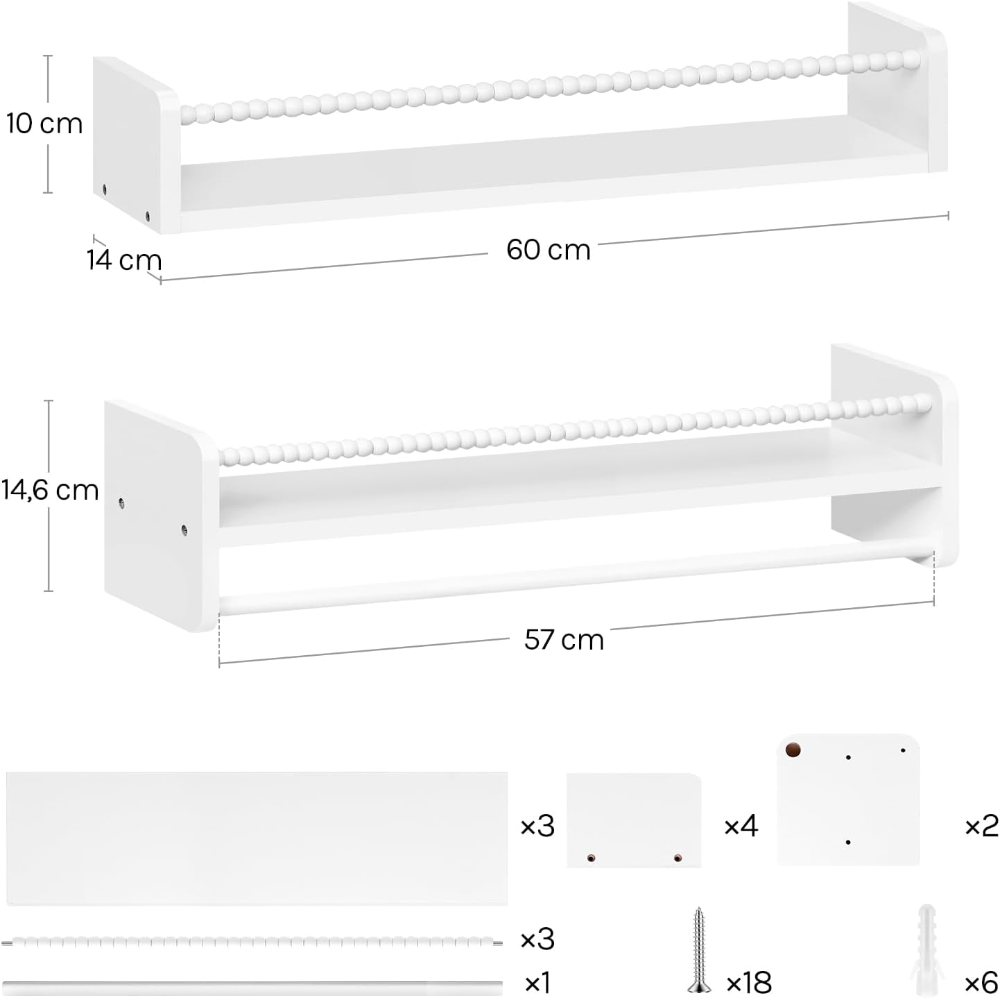 3er-Set Kinder-Bücherregal für die Wand, 60 x 15 x 14 cm Weiss