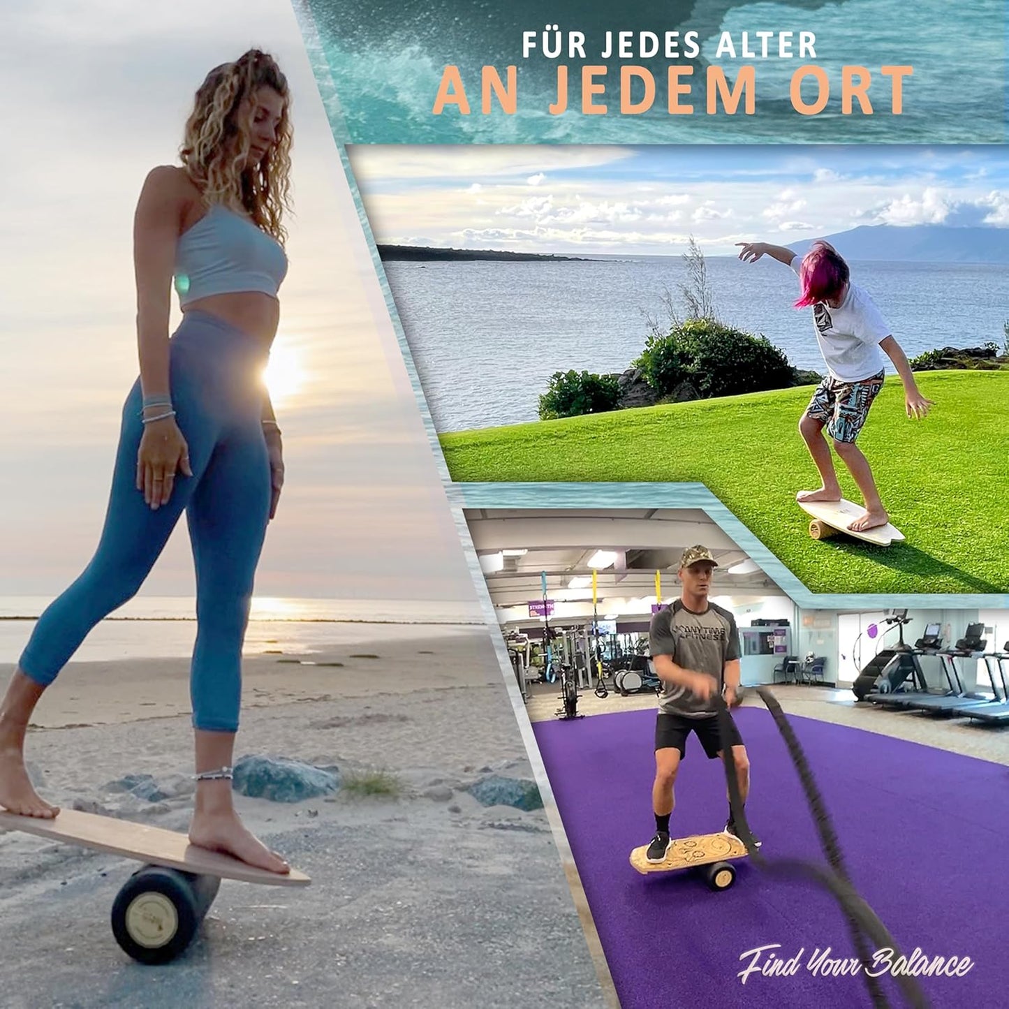 Balance Board Set mit Zubehör, Schwarz + Rolle + Korkhalbkugel + Matte